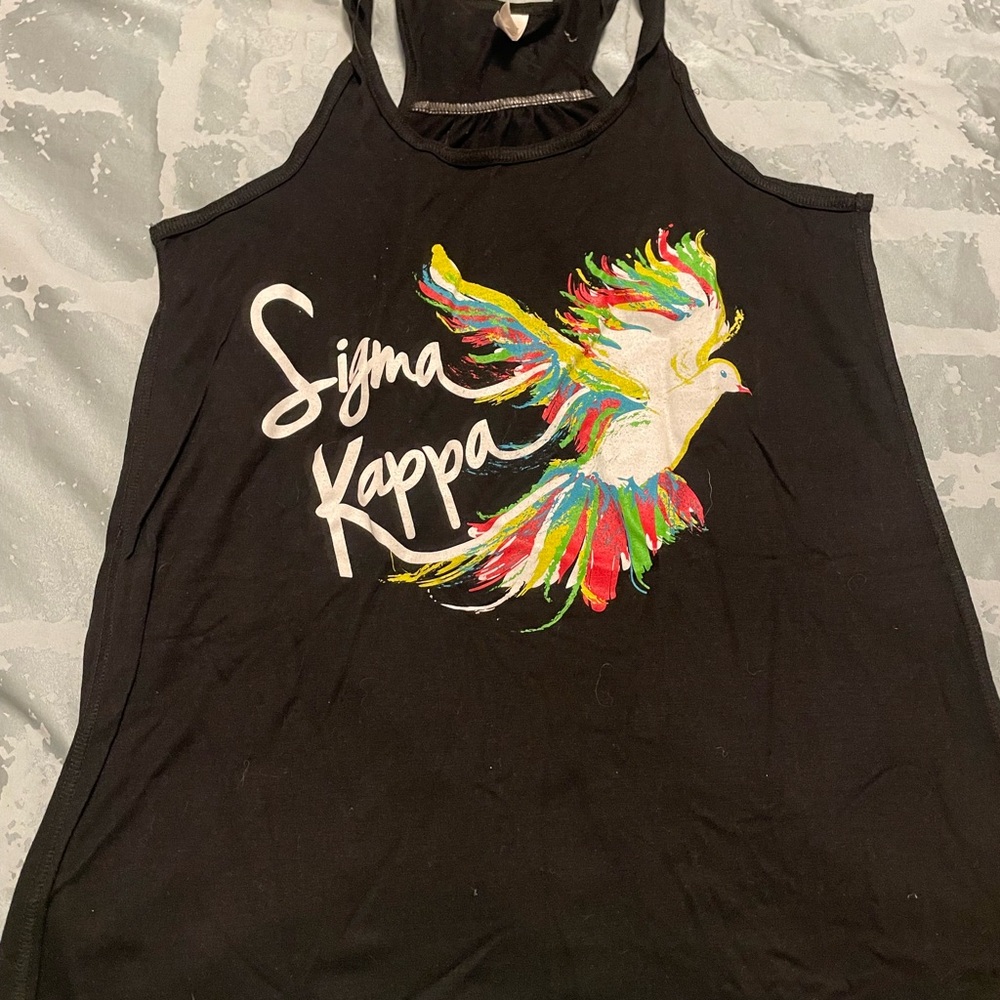 Sigma Kappa Black Racer Back Tank Top with Colorful Bird Design